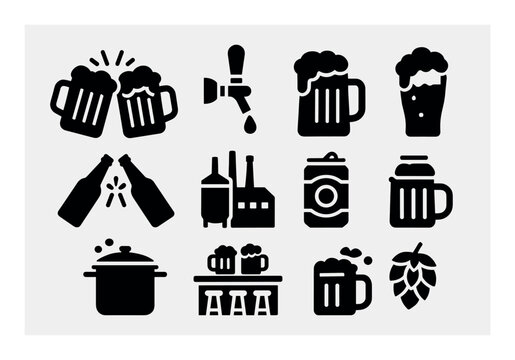 Beer brewing solid icon set. brewery, hops, mug, craft symbols in a bold collection