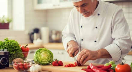 Chef preparing food in kitchen professional cooking culinary arts food preparation chef cutting vegetables