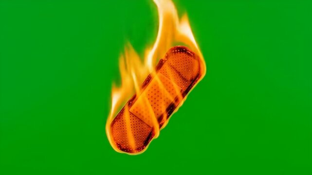Burning Bandage on Green Screen - A close-up shot of a bandage engulfed in flames against a bright green background. The fire is vibrant orange and yellow, creating a dramatic contrast.