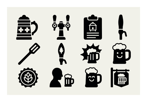 Beer and brewery solid icon set: mugs, taps, cheers in a bold collection