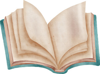 Watercolor illustration of open book with blank pages on transparent background.