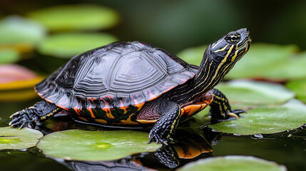 Obraz premium Painted Turtle Resting on Lily Pad in Natural Pond