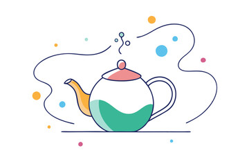 Line Drawing of Steaming Teapot with Tea Leaves Art