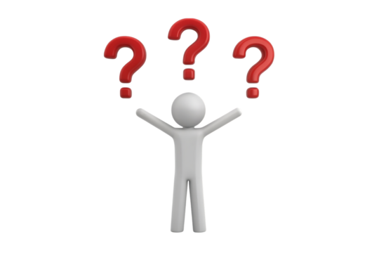 3d person surrounded by question marks isolated on transparent background