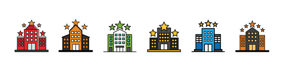 Hotel icon set featuring various accommodations including standard hotel building symbol, luxury five star hotel icon, and three star hotel representation, ideal for tourism, travel booking