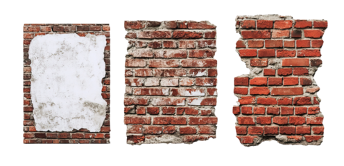 Brick wall sections - red, old, and painted white bricks on a white background