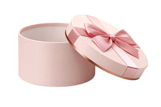 Pink round gift box with ribbon bow isolated on transparent background