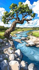 Serene Landscape Ancient Tree by Flowing River, Summer Day