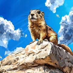 Majestic Prairie Dog on a Rock, Sunny Sky Illustration