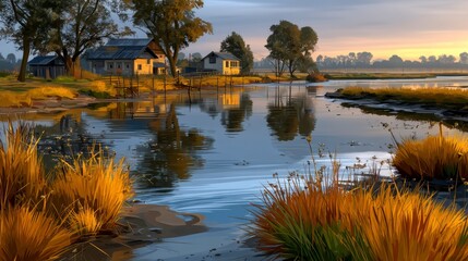Serene Autumn Sunrise over Calm River and Rustic Houses