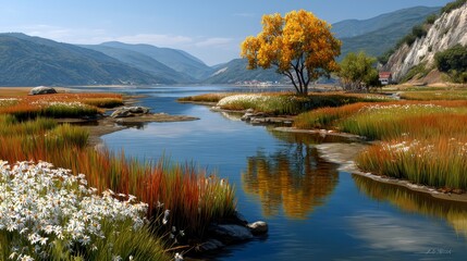 Serene Autumn Landscape Golden Tree by Calm River and Mountain Vista