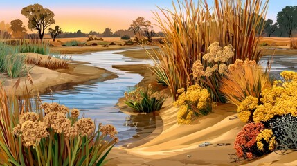 Serene Sunset River Landscape Autumnal Meadow with Golden Grass and Wildflowers