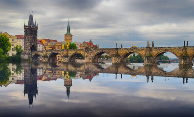 Charles Bridge with reflection in the morning.