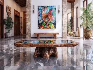 Stunning Resin River Table with Abstract Butterfly Artwork in Luxurious Interior