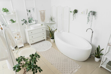 Interior of light bathroom with chest of drawers, bathtub and houseplant