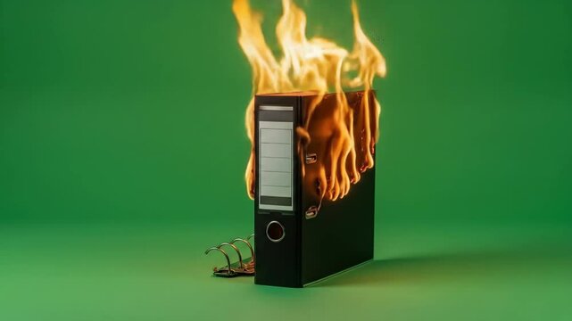 Burning Office Binder on Green Background - A black office binder engulfed in flames sits on a green background.
