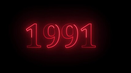1991 Neon Text Animation. Glowing Countdown Number 1991. Animated Luminous Important 1991 Year. Transparent BG Dynamic Colorful Loop.