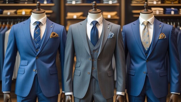 Men's Fashionable Suits Displayed on Mannequins in Clothing Store Boutique