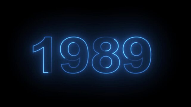 1989 Neon Text Animation. Glowing Countdown Number 1989. Animated Luminous Important 1989 Year. Transparent BG Dynamic Colorful Loop.