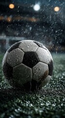 Fototapeta premium Close-Up Rainy Soccer Scene with Droplets on Ball