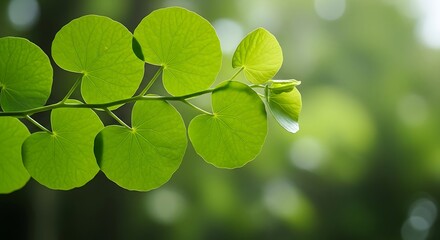 Macro Close-Up of Fresh Green Leaves on Stem, Sunlit, Natural Botanical Texture, Bright Outdoor Background, Spring Nature Concept, Eco-Friendly, Lush Foliage, Beautiful Plant Detail