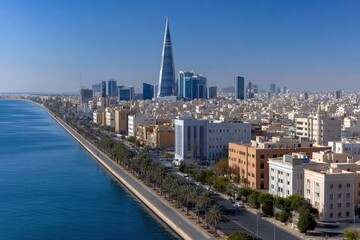 Obraz premium Jeddahs cityscape view features Kingdom Tower waterfront road buildings and skyline