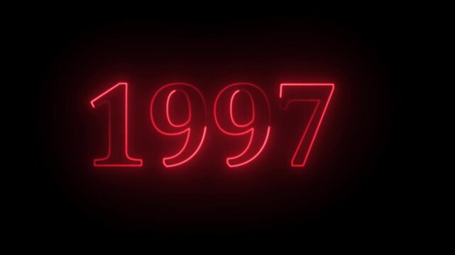 1997 Neon Text Animation. Glowing Countdown Number 1997. Animated Luminous Important 1997 Year. Transparent BG Dynamic Colorful Loop.