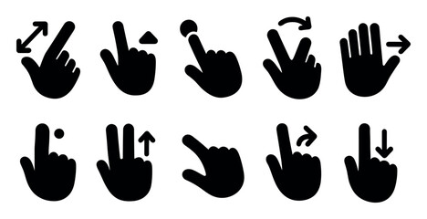 Fototapeta premium Gestures, hand actions silhouette icon set. touch, swipe, tap icons collection