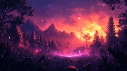 Vibrant Crowd Enjoying a Night Music Festival with Neon Lights