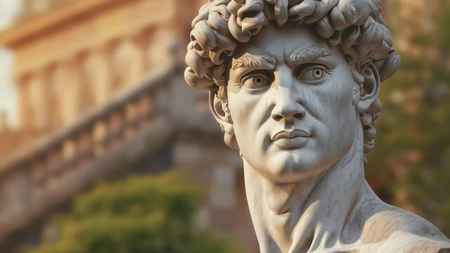A close-up view of a marble statue of David, showcasing intricate details of the face and hair. The background features classical architecture and greenery.