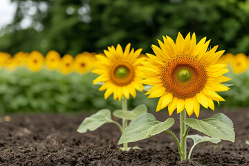 Two vibrant yellow sunflowers stand tall in a field of green du a sunny day outdoors.