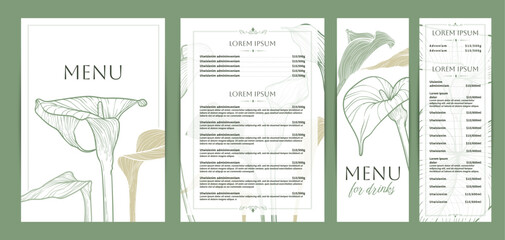 Colorful food and drinks menu designs. Restaurant menu template. Beautiful vector A4 format with high quality flowers for print and online. Saturated hand drawn line art calla lily illustrations.