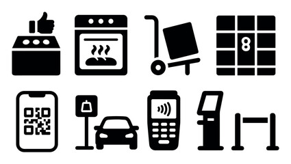 Transportation and service solid icon set. delivery, cooking, navigation icons collection