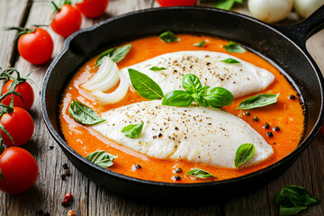 Two cod fillets simmer in a homemade tomato sauce with fresh basil in a cast iron skillet.