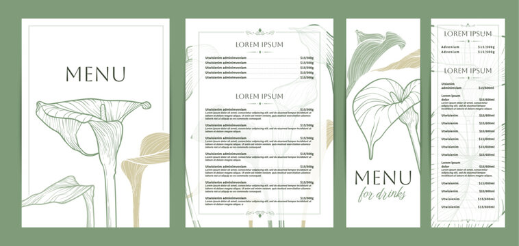 Naklejki Colorful food and drinks menu designs. Restaurant menu template. Beautiful vector A4 format with high quality flowers for print and online. Saturated hand drawn line art calla lily illustrations.