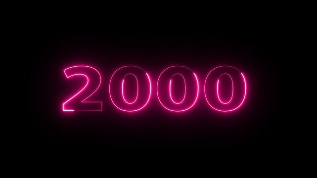 2000 Neon Text Animation. Glowing Countdown Number 2000. Animated Luminous Important 2000 Year. Transparent BG Dynamic Colorful Loop.