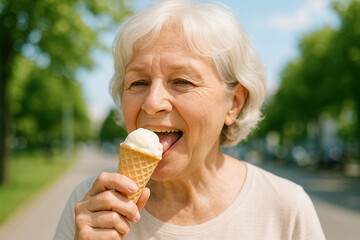 Elderly woman enjoys ice cream in sunny park setting for leisure concept