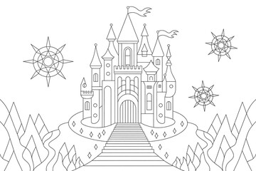 Majestic castle atop mountains, surrounded by stars.
