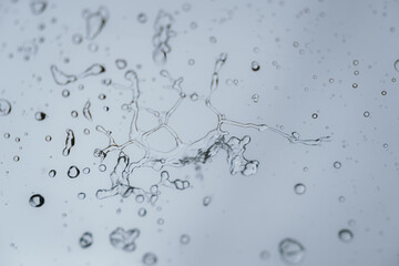Raindrops and bubbles scatter across a wet surface, capturing nature’s freshness and moisture in...