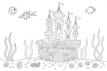 Underwater castle, nestled in sea shells, surrounded by seaweed and fish.
