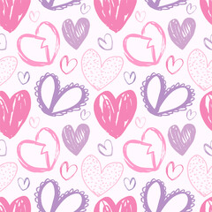 Abstract grunge chic heart pattern. Funky marker drawn love pattern. Soft pastel hearts seamless pattern. Playful romantic hearts pattern for fabrics, fashion, wrapping paper, packaging. Pink and