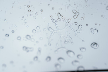 Raindrops and bubbles scatter across a wet surface, capturing nature’s freshness and moisture in...