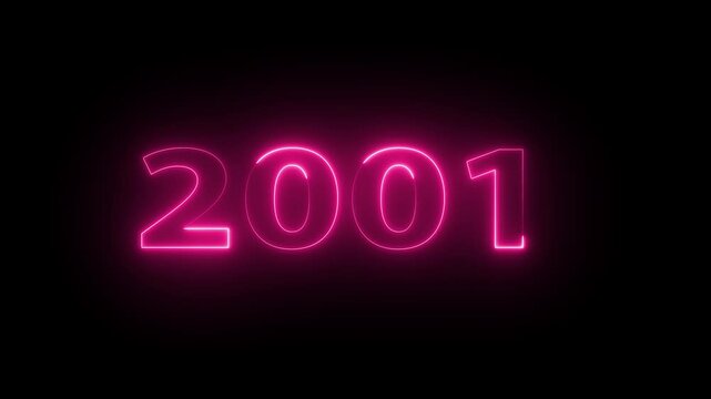 2001 Neon Text Animation. Glowing Countdown Number 2001. Animated Luminous Important 2001 Year. Transparent BG Dynamic Colorful Loop.