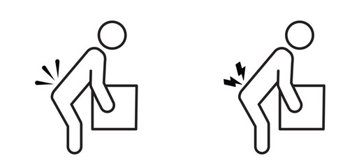 Heavy work. Medical complaints, body part pain. Cartoon stickman, stick figure man holding his back hurt. Backache symptom symbol. Back medical back pain. human, rheumatism, chronic back pain