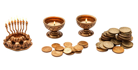 Hanukkah celebration with glowing menorah candles, traditional dreidel, and gelt coins