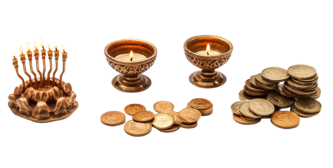 Hanukkah celebration with glowing menorah candles, traditional dreidel, and gelt coins