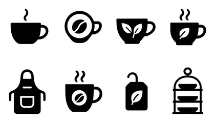 Coffee and tea solid icon set. beverage and cafe symbols filled collection