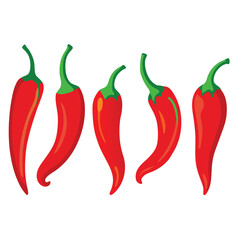 Vector illustration of five red chili peppers isolated on a white background