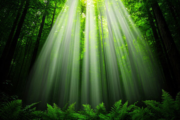 Sunlight filters through lush green trees in a serene forest creating ethereal light beams effect.