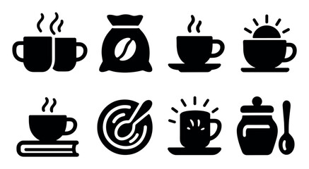 Coffee and tea solid icon set: cups, beans, breakfast icons solid collection